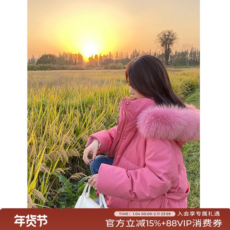 竹依依短款粉色90白鹅绒羽绒服女冬加厚保暖大毛领外套宽松巨显白
