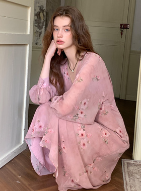 竹依依原创法式橡皮粉/森林绿色薄纱长袖印花连衣裙女v领气质长裙