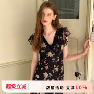 竹依依原創法式 紫色收腰碎花無袖 連衣裙女夏v領修身 純欲長裙 黑色