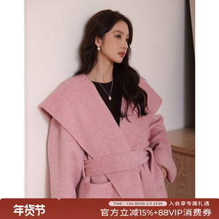 竹依依 高端大翻领粉色双面羊绒大衣女春季短款羊毛呢外套小个子
