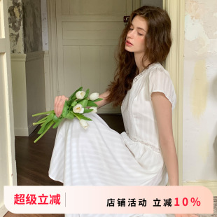 竹依依原创法式 显瘦v领长裙子 白色蕾丝拼接短袖 连衣裙女条纹修身