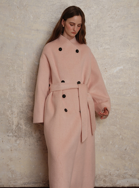 竹依依100%绵羊毛花絮粉色双面呢双排扣毛呢大衣女冬中长款外套