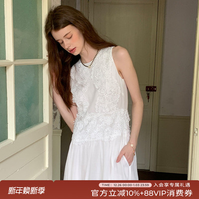 白色蕾丝拼接无袖连衣裙女长裙子