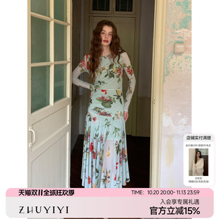 竹依依薄款温柔风长裙法式度假风连衣裙女长袖秋季复古气质长裙子