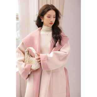竹依依粉色连帽双面呢大衣女春季高级感长款100%绵羊毛斗篷外套