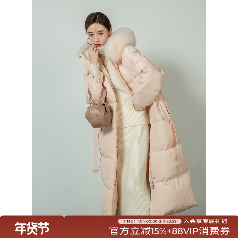 竹依依橘粉色狐狸毛领90白鹅绒羽绒服女冬季加厚保暖长款连帽外套