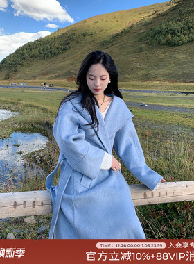 竹依依蓝色双面羊绒大衣女春季宽松过膝长款高级感连帽毛呢外套