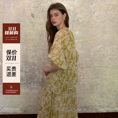 100%苎麻印花短袖衬衫+半裙套装