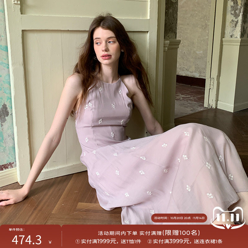 竹依依法式复古橡皮粉无袖薄纱连衣裙女a字版型简约女神气质长裙