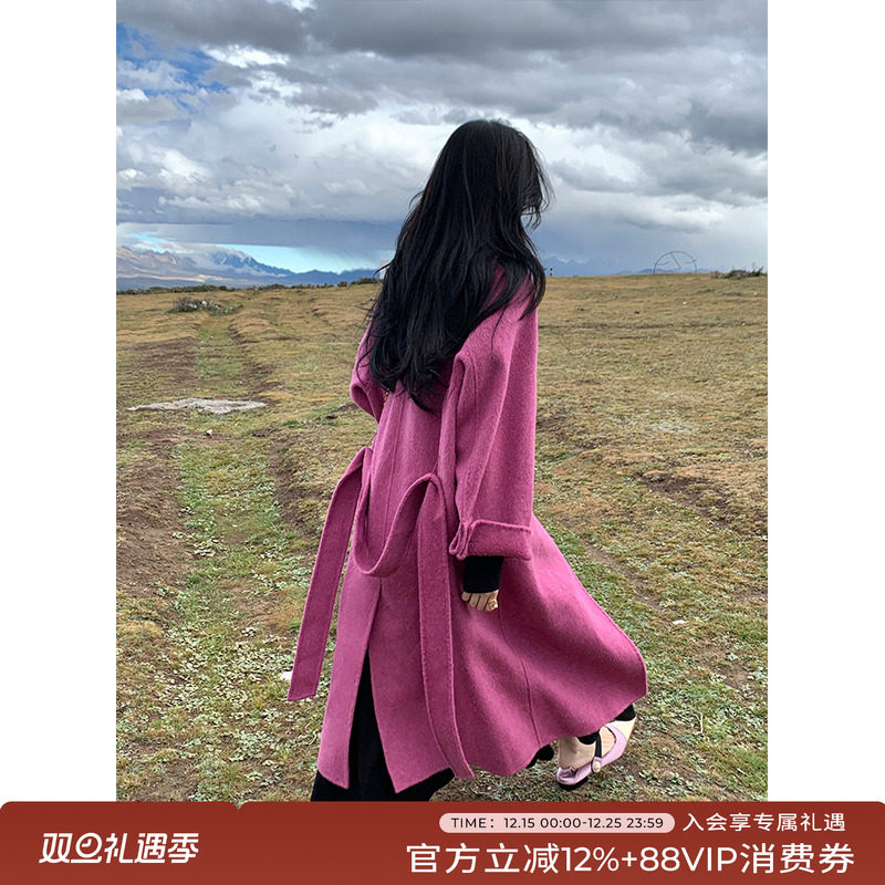玫红色中长款双面羊绒大衣高级