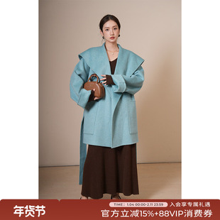 竹依依高端大翻领蓝色双面羊绒大衣女短款2025新款纯羊毛呢外套冬