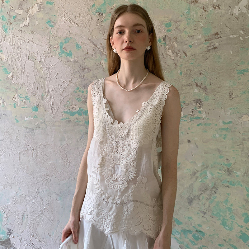 竹依依法式复古米白色真丝亚麻背心吊带女夏镂空蕾丝简约宽松上衣,女装/女士精品,背心吊带,淘宝优惠券,粉丝福利购,淘宝优惠卷
