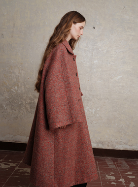 竹依依栗红色新款羊毛毛呢大衣女秋冬中长款斗篷外套高级感上衣