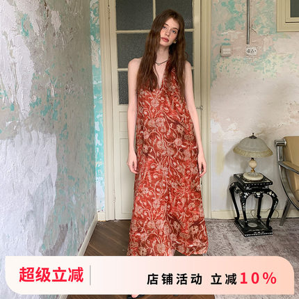 竹依依法式原创复古红色苎麻印花挂脖连衣裙高级感v领显瘦长裙子