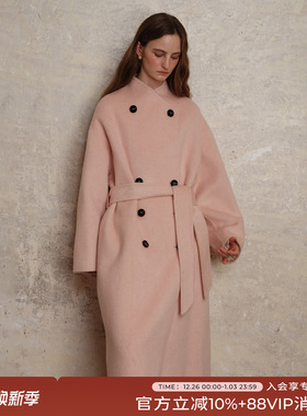 竹依依100%绵羊毛花絮粉色双面呢双排扣毛呢大衣女冬中长款外套