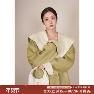 竹依依大翻领绿色短款双面羊绒大衣女冬2025新款高端纯羊毛呢外套
