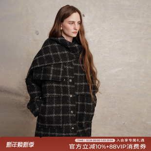 竹依依深灰黑色格纹毛呢大衣女秋冬高级感单排扣中长款上衣外套