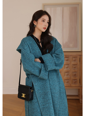 竹依依 连帽蓝色双面羊绒大衣女长款宽松斗篷蚕丝羊毛呢外套春季