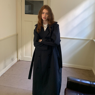 竹依依 原创法式复古黑色中长款风衣女秋赫本风富家千金感长外套