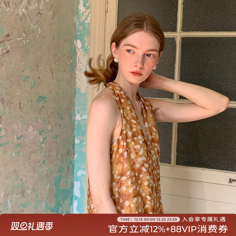 高级感挂脖天丝无袖连衣裙女长款