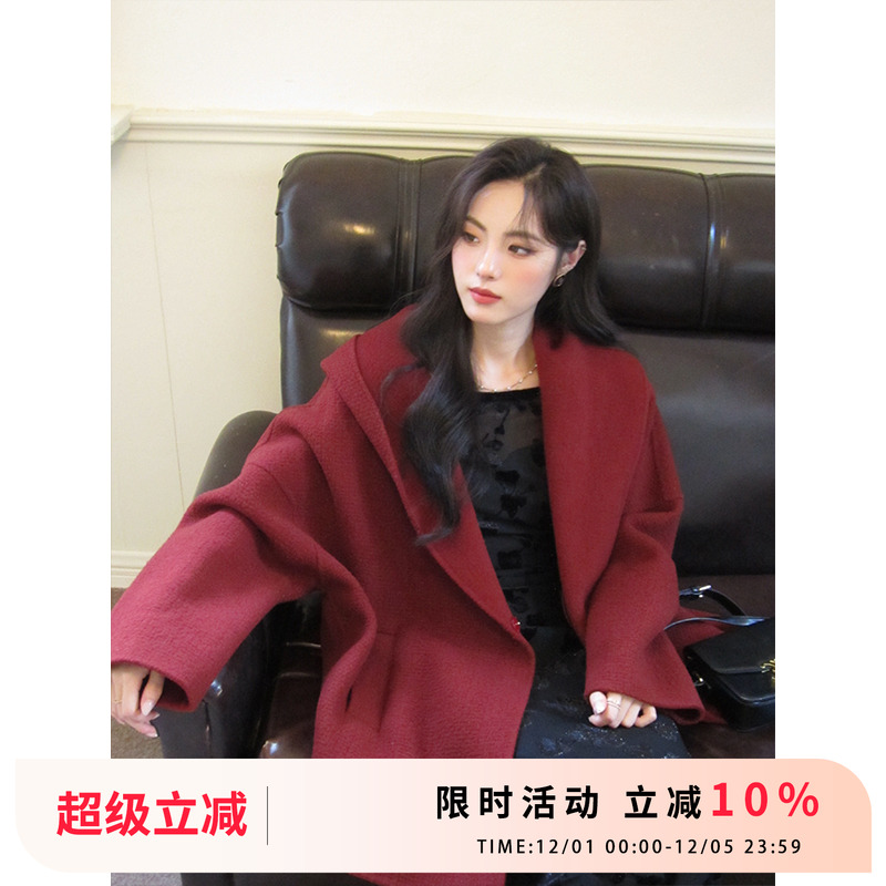 竹依依简约高级红色连帽双面羊绒大衣女短款羊毛毛呢外套