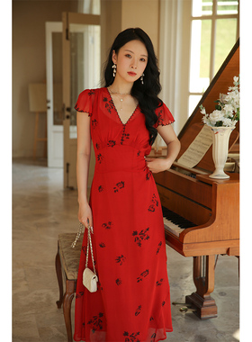【6.14号14点 9折+满减】法式风情红色印花复古收腰花边V领连衣裙
