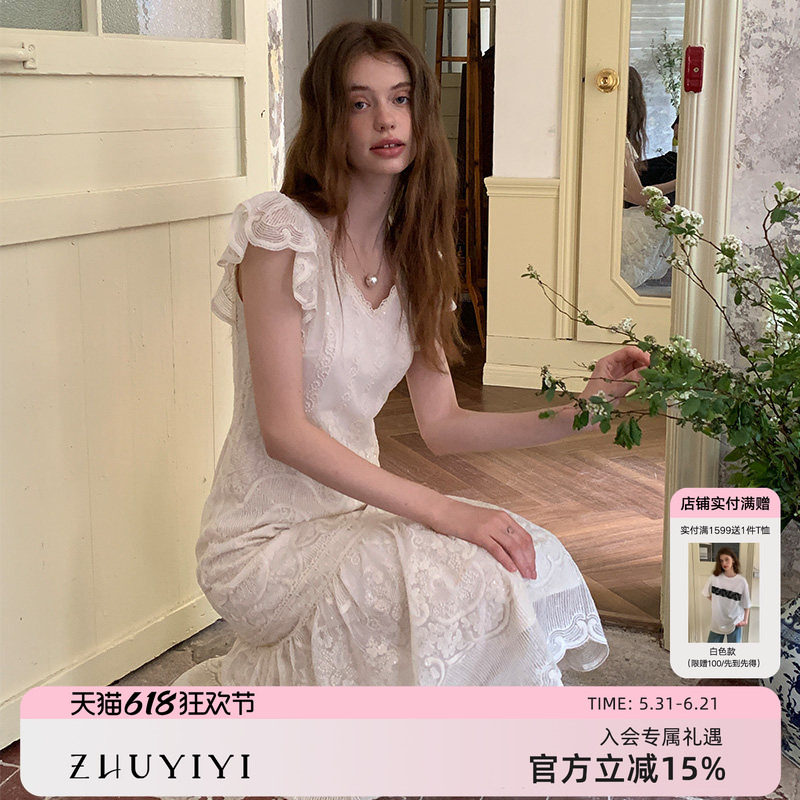 竹依依法式原创白色温柔气质薄纱连衣裙女荷叶袖v领蕾丝花纹裙