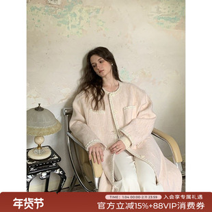 竹依依【羊毛+马海毛】奶油杏色小香风圆领毛呢大衣女春季中长款