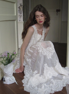 竹依依原创设计法式修身白色薄纱连衣裙女蕾丝刺绣镂空感复古长裙
