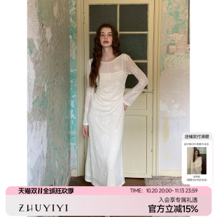 竹依依早秋仙女裙蕾丝刺绣连衣裙女高级感长袖千金长裙白色礼服裙