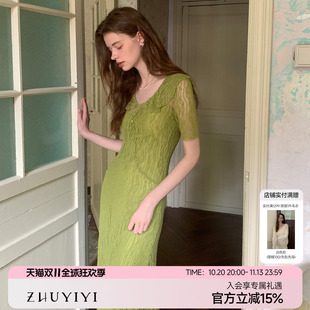 竹依依原创法式牛油果绿短袖蕾丝连衣裙女修身女神气质优雅长裙