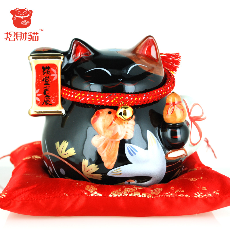 招财猫摆件 中号黑色陶瓷存钱罐储蓄罐 店铺开业家居创意礼品