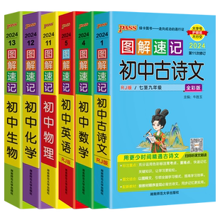 2024适用6本pass图解速记初中古诗文英语数学物理化学生物全彩版人教思维导图七八九年级上下册中考基础知识大全解读速查速记一资