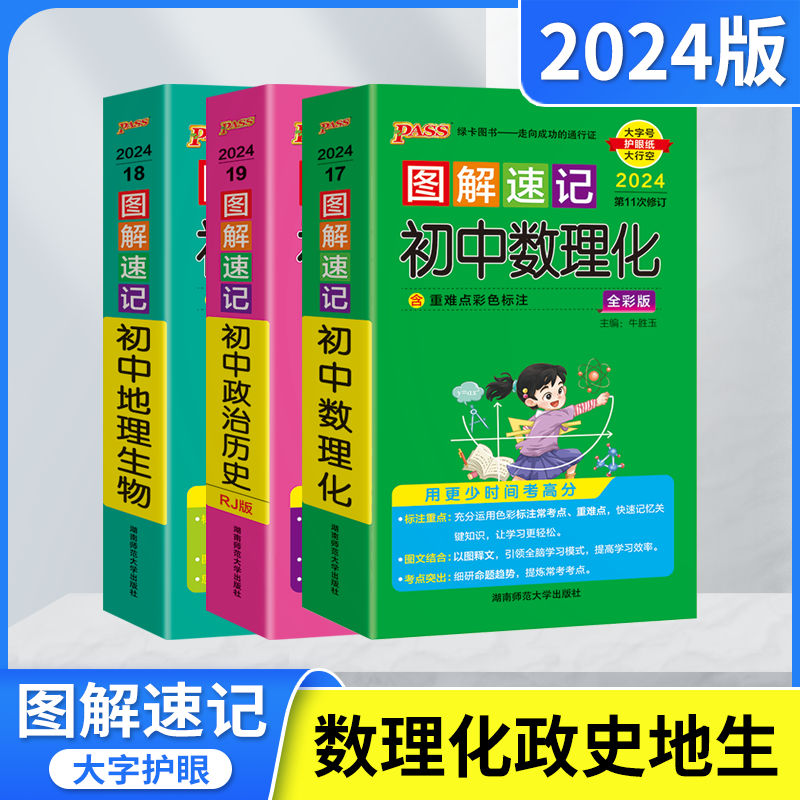 2024版3本pass绿卡图解速记初中数理化+政治历史+地理生物通用版思维导图全彩版初一二中考政史地生中考基础知识大全手册全解辅导-封面