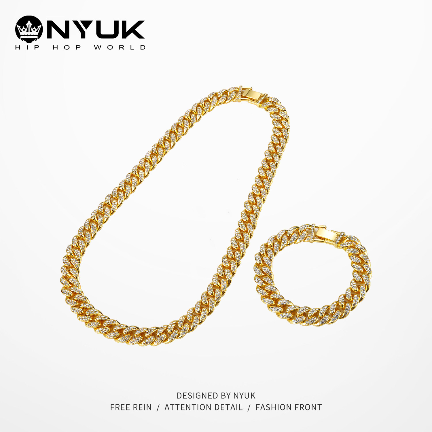 NYUK欧美街舞嘻哈风重工满钻大金链子古巴链潮男士项链INS网红款