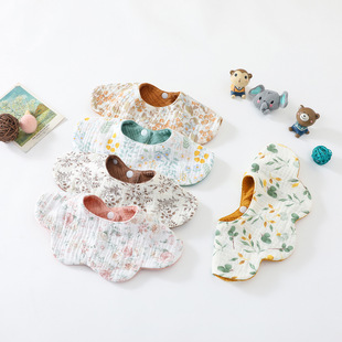 新款6层加厚高品质婴儿纯棉绉布口水巾 印花360云朵波浪围嘴围兜