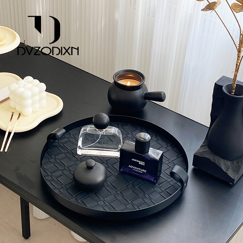 旋转化妆品收纳盒桌面护肤首饰香水托 托盘化妆台皮革玄关钥匙置