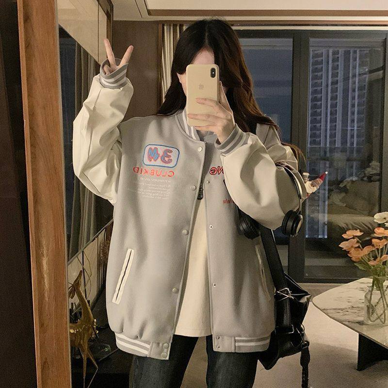 美式复古潮牌棒球服外套女秋季新款oversize重磅刺绣学生夹克上衣