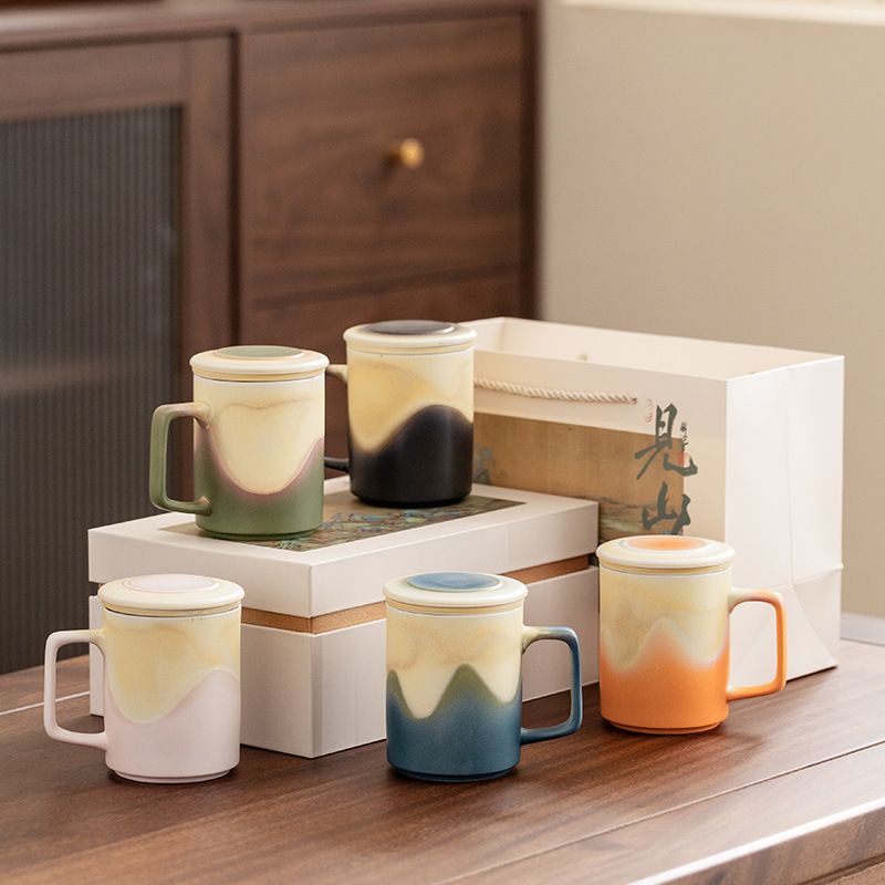 见山茶水分离茶杯陶瓷泡茶杯高颜值小众带盖过滤马克杯礼盒装logo