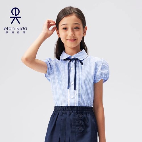 全棉花边拼接泡泡袖衬衣