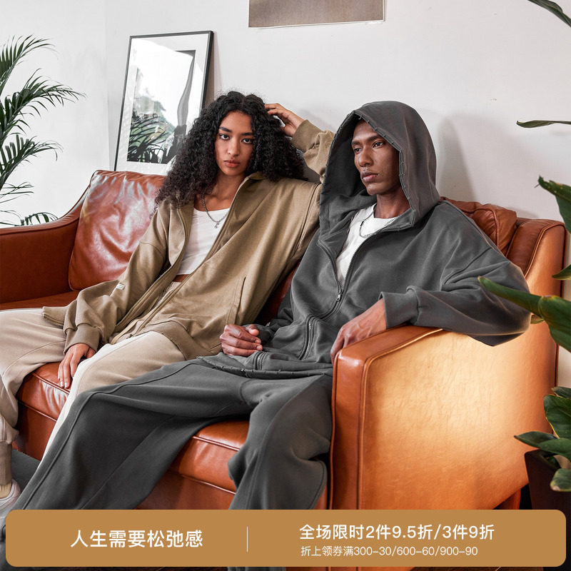 潮牌拉链开衫运动休闲美式情侣连帽加绒卫衣外套男