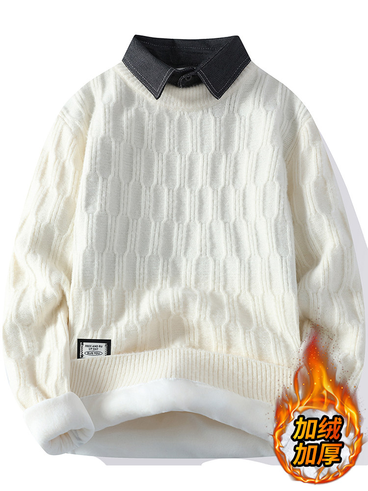 高级感假两件毛衣男秋冬季加绒加厚衬衫领针织衫男内搭保暖打底衫