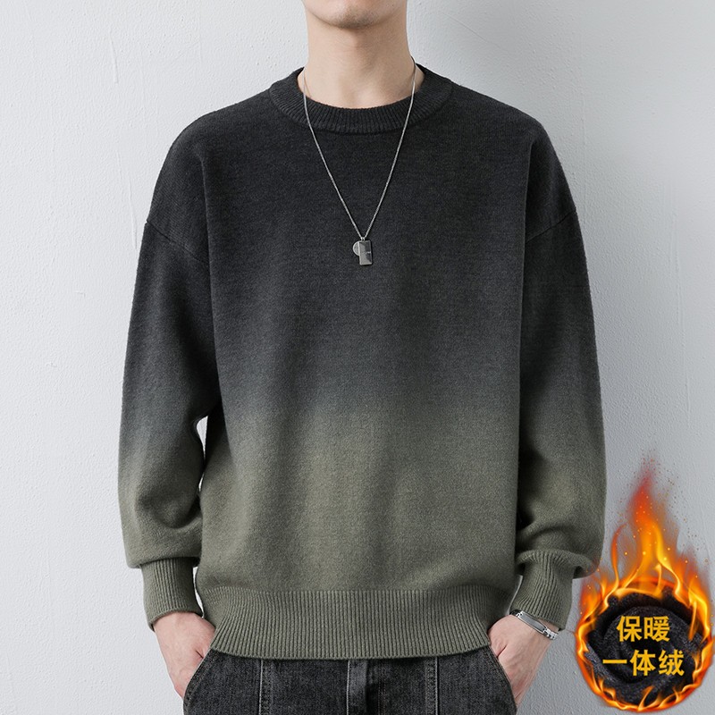 2023新款秋冬男士毛衣渐变色圆领潮牌青少年一体绒针织休闲衫