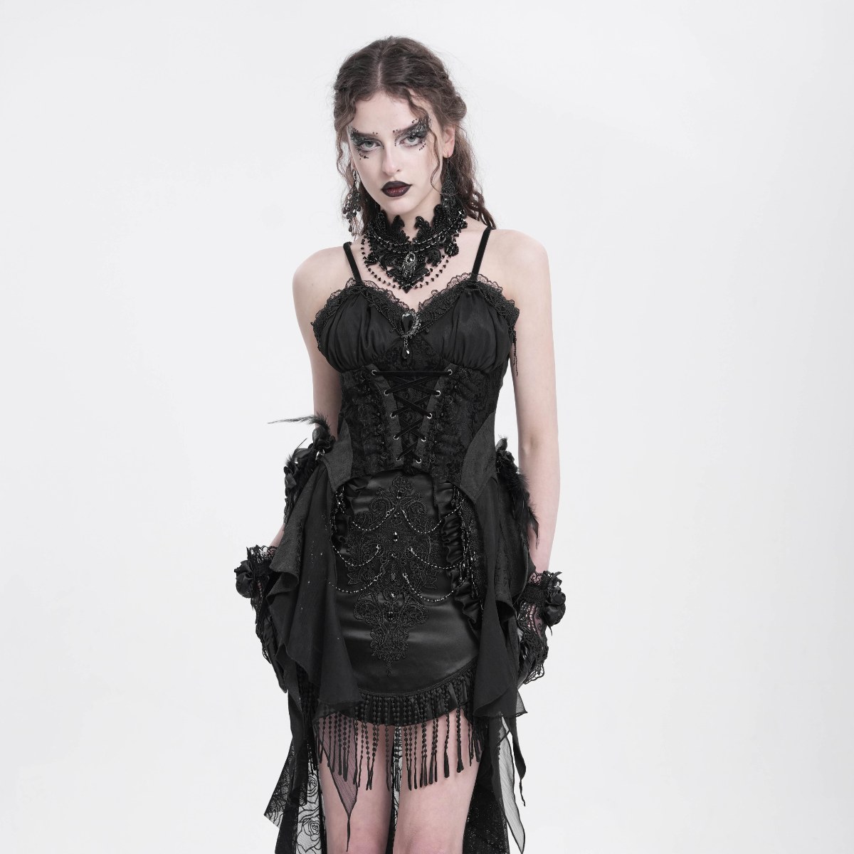 EVA LADY恶魔时尚女装哥特朋克暗黑玫瑰流苏装饰哥特半裙ESKT060