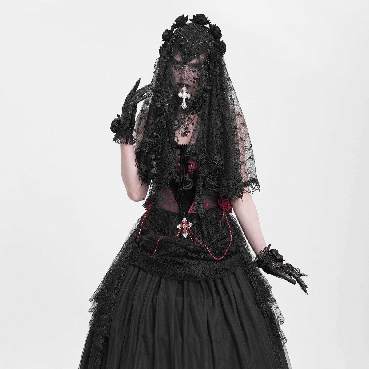 EVA LADY恶魔时尚女装哥特朋克暗黑七朵玫瑰花菱形网头纱 EAS023
