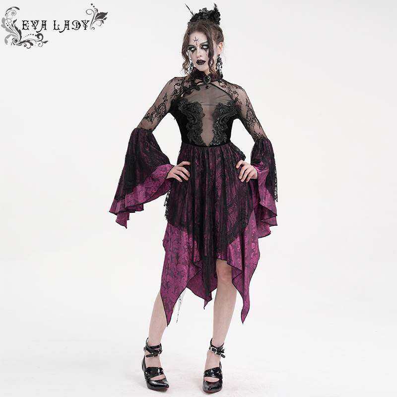 Devil Fashion恶魔时尚女装哥特旗袍式小花网料连衣裙 ESKT05302