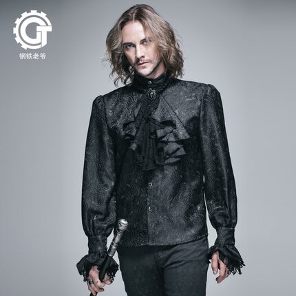 哥特个性复古风衬衣舞台演出GOTHIC衬衫配领花潮流时尚提花上衣男