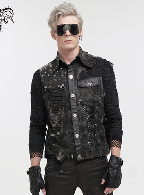 钢铁老爷原创设计摇滚朋克铆钉金属男士马甲背心上衣系带黑色