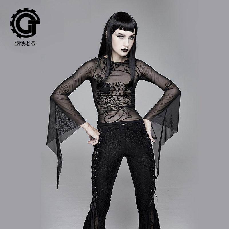 钢铁老爷哥特风女装修身上衣蕾丝性感透视魔幻长袖t恤女春夏薄款