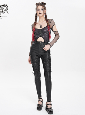 DevilFashion哥特风黑色绑带装饰皮裤PT279